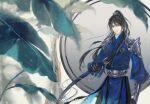  1boy armor black_gloves black_hair blue_hanfu blurry bracer chinese_clothes chinese_commentary closed_mouth depth_of_field erha_he_tadebai_mao_shizun gloves hanfu high_ponytail holding holding_sword holding_weapon jing_shu leaf long_hair long_sleeves looking_at_viewer male_focus official_art rain round_window scabbard sheath sheathed shoulder_armor smile solo sword weapon window xue_meng yellow_eyes 