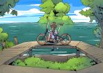  1girl bicycle blue_footwear brown_hair clouds cloudy_sky day from_behind grass lake masuki original outdoors ponytail sitting sky solo tree vehicle_focus water 