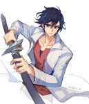  1boy black_hair coat dated eiyuu_densetsu feng_you floating_clothes hair_between_eyes highres holding holding_sword holding_weapon kai_no_kiseki katana looking_at_viewer open_clothes open_coat parted_bangs rean_schwarzer sheath simple_background solo sword unsheathing violet_eyes weapon white_background 