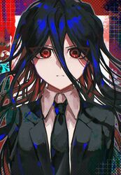  1boy black_jacket black_necktie closed_mouth collared_shirt danganronpa_(series) danganronpa_2:_goodbye_despair formal highres jacket kamukura_izuru long_hair male_focus multicolored_background necktie red_eyes shirt solo upper_body utu_xia white_shirt 