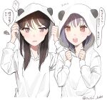  2girls a_shi_kake animal_costume bang_dream! bang_dream!_it&#039;s_mygo!!!!! blush brown_hair commentary_request flying_sweatdrops hands_up highres multiple_girls onesie open_mouth panda_costume parted_lips purple_hair red_eyes shiina_taki simple_background smile speech_bubble takamatsu_tomori teeth thought_bubble translation_request twitter_username upper_body upper_teeth_only violet_eyes white_background 