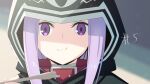  1girl bad_id bad_twitter_id chewing closed_mouth collar commentary_request fate/grand_order fate_(series) hood hood_up inactive_account kerorira long_hair looking_at_viewer medusa_(fate) medusa_(lancer)_(fate) portrait purple_hair red_collar solo violet_eyes 