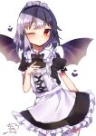  1girl apron bat_wings black_bow black_bowtie blush bow bowtie chisiro_unya_(unya_draw) closed_mouth cowboy_shot heart maid maid_apron maid_headdress one_eye_closed purple_hair red_eyes remilia_scarlet simple_background solo touhou white_background wings 