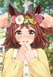  1girl :d ahoge animal_ears blush brown_hair commentary_request forest ginnote green_eyes head_wreath highres horse_ears horse_girl long_sleeves multicolored_hair nature open_mouth outdoors pov rhein_kraft_(umamusume) shirt short_hair smile solo_focus star_(symbol) star_in_eye streaked_hair symbol_in_eye tears teeth umamusume upper_body upper_teeth_only white_hair yellow_shirt 