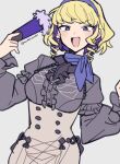  1girl blonde_hair blue_scarf blush buttons center_frills colored_inner_hair commentary constance_von_nuvelle do_m_kaeru drill_hair drill_sidelocks earrings fire_emblem fire_emblem:_three_houses frills garreg_mach_monastery_uniform grey_background hairband hand_fan holding holding_fan jewelry long_sleeves looking_at_viewer multicolored_hair open_mouth purple_hair purple_hairband scarf short_hair sidelocks simple_background smile solo twin_drills twitter_username violet_eyes 