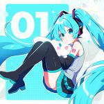  1girl :o absurdres aqua_eyes aqua_hair arm_tattoo cinnamiku cinnamoroll collared_shirt hatsune_miku highres long_hair looking_at_viewer number_tattoo shirt simple_background sleeveless sleeveless_shirt smile solo tattoo twintails very_long_hair vocaloid white_shirt 