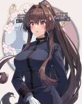  1girl alternate_costume animal_on_shoulder bird bird_on_shoulder breasts brown_hair cherry_blossoms flower hair_between_eyes hair_flower hair_intakes hair_ornament headgear highres himeyamato kantai_collection large_breasts long_hair long_sleeves looking_ahead military_uniform outside_border parted_lips red_eyes revision sidelocks solo uniform very_long_hair yamato_(kancolle) 