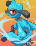  black_fur blue_fur gradient_background highres looking_at_viewer no_humans nullma open_mouth orange_background pokemon pokemon_(creature) red_eyes riolu solo two-tone_fur 