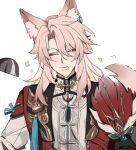  1boy absurdres animal_ears bishounen black_gloves chinese_clothes closed_eyes closed_mouth fang fox_boy fox_ears gloves hand_fan highres honkai:_star_rail honkai_(series) jiaoqiu_(honkai:_star_rail) majunjuu male_focus pink_hair short_hair simple_background skin_fang solo upper_body white_background 
