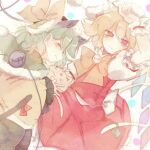  2girls blonde_hair closed_eyes closed_mouth dress flandre_scarlet green_eyes hand_up hat komeiji_koishi mob_cap multiple_girls puffy_short_sleeves puffy_sleeves red_dress ribbon short_sleeves simple_background sorani_(kaeru0768) touhou white_background wrist_cuffs yellow_ribbon 