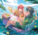  2boys :p amagi_rinne arm_up bendy_straw blue_eyes caustics clouds coconut_cup crazy_straw crossed_bangs cup dappled_sunlight day diffraction_spikes double-parted_bangs drinking_straw ensemble_stars! eyewear_on_head fang flower food foot_dangle fruit green_shirt grin hair_between_eyes hand_in_own_hair hand_up hands_up heart heart-shaped_eyewear heart_straw hibiscus highres holding holding_cup jewelry kuzuvine leaf_print lemon lemon_print light_blush light_rays long_hair looking_at_viewer looking_back male_focus multiple_boys necklace orange-tinted_eyewear orange_shirt outdoors palm_leaf partially_submerged pineapple pineapple_slice ponytail ringed_eyes shiina_niki shirt shore short_hair short_sleeves shorts simple_bird sitting sky smile summer sunbeam sunglasses sunlight tinted_eyewear toasting_(gesture) tongue tongue_out v water wet wing_collar 