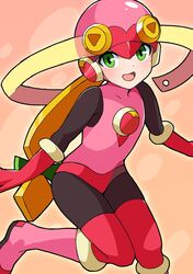  1girl black_bodysuit blonde_hair bodysuit boots bow gloves green_bow green_eyes hair_bow helmet highres leotard long_hair looking_at_viewer mega_man_(series) mega_man_battle_network_(series) open_mouth pink_footwear pink_gloves pink_helmet pink_leotard roll.exe_(mega_man) sekienji smile solo 