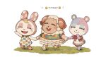  1boy 2girls :d ^_^ animal_crossing arm_up bear_girl blush bow bowtie chrissy_(animal_crossing) closed_eyes closed_mouth collared_dress commentary_request curled_horns dom_(animal_crossing) dress emoji eyelashes frilled_dress frills furry furry_female furry_male grass hand_up happy highres holding_hands hood hood_up horns judy_(animal_crossing) kaji_(oni_atat) multicolored_clothes multicolored_shirt multiple_girls notice_lines open_mouth pink_bow pink_bowtie pink_dress pink_hood pink_horns pink_shirt pocket polka_dot polka_dot_dress rabbit_girl running sheep_boy shirt short_sleeves simple_background sleeveless sleeveless_dress smile t-shirt teeth translation_request upper_teeth_only white_background white_dress 