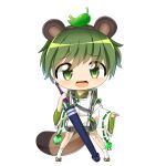  1boy animal_ears black_umbrella character_request chibi closed_umbrella commentary_request detached_sleeves fake_animal_ears fake_tail full_body green_eyes green_hair holding holding_umbrella hop_step_jumpers japanese_clothes kariginu leaf leaf_on_head lets0020 looking_at_viewer male_focus medium_bangs open_mouth raccoon_boy raccoon_ears raccoon_tail ribbon-trimmed_sleeves ribbon_trim sandals simple_background socks solo sweatdrop tabi tail transparent_background umbrella white_sleeves white_socks zouri 