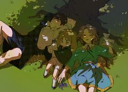  3boys against_tree aged_down ahoge animal_ears axis_powers_hetalia bird bird_on_hand blonde_hair blue_eyes blue_robe brothers brown_hair child cloak collared_shirt dappled_sunlight france_(hetalia) grass green_cloak green_eyes highres huge_ahoge kemonomimi_mode kilt krank327 lop_rabbit_ears lying male_focus medium_hair mouth_hold multiple_boys on_back on_grass one_eye_closed open_mouth outdoors rabbit rabbit_boy rabbit_ears robe scotland_(hetalia) shirt short_hair shorts siblings smile stalk_in_mouth sunlight thick_eyebrows tree tree_shade united_kingdom_(hetalia) white_bird white_shirt 