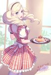  1girl :d apron blonde_hair blue_eyes checkered_clothes checkered_dress commentary_request dated dress food fruit holding holding_tray indoors long_hair looking_at_viewer looking_back maid maid_apron maid_day maid_headdress persona persona_5 plate smile solo takamaki_anne thigh-highs tray twintails twitter_username waffle white_thighhighs yoruno_mahiru 