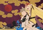  1boy 1girl animal_ears architecture arm_up blonde_hair carrying carrying_person cat_ears clouds east_asian_architecture facial_mark fate/grand_order fate_(series) forehead_mark full_moon grey_hair highres horns ibaraki_douji_(fate) japanese_clothes kimono long_hair looking_afar mame_cs5 moon oni open_mouth pagoda pointy_ears sky smile watanabe_no_tsuna_(fate) yellow_eyes yellow_kimono 