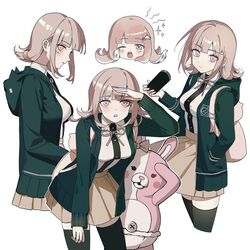  1girl blush breasts brown_hair collared_shirt danganronpa_(series) danganronpa_2:_goodbye_despair flipped_hair galaga hair_ornament highres hood jacket long_sleeves looking_at_viewer medium_hair monomi_(danganronpa) multiple_views nanami_chiaki neck_ribbon open_clothes open_jacket pink_eyes pink_ribbon pleated_skirt ribbon shirt skirt thigh-highs white_shirt 