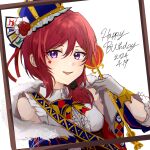  1girl absurdres alternate_hairstyle blue_hat cape center_frills collared_shirt commentary_request crown dated facial_tattoo frilled_shirt frills fur-trimmed_cape fur_trim gloves happy_birthday heart highres holding holding_scepter kiruto_(artar_12) looking_at_viewer love_live! love_live!_school_idol_festival_all_stars love_live!_school_idol_project medium_hair nishikino_maki open_mouth picture_frame redhead scepter shirt short_ponytail signature sleeveless sleeveless_shirt solo tattoo upper_body violet_eyes white_gloves white_shirt 