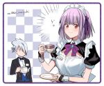  1boy 1girl aki_(neyuki41028) anti_(ssss.gridman) apron blue_eyes breasts cup drink grey_hair gridman_universe gridman_universe_(film) holding holding_cup mug official_alternate_costume red_eyes shinjou_akane shirt short_hair smile tea waiter waitress 