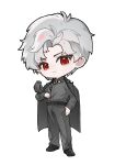  1boy ahoge belt black_belt black_coat black_footwear black_pants black_shirt brooch canxiaqingyu chibi closed_mouth coat collared_shirt grey_hair highres jewelry looking_at_viewer love_and_deepspace male_focus pants parted_bangs red_eyes shirt short_hair simple_background smile solo sylus_(love_and_deepspace) white_background 