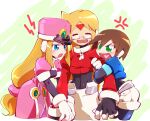  1boy 2girls aile_(mega_man_zx) black_bodysuit blonde_hair blue_eyes blue_jacket bodysuit bodysuit_under_clothes brown_hair closed_eyes coat covered_navel cropped_jacket facial_mark forehead_mark girouette_(mega_man) glass grabbing_another&#039;s_arm green_eyes hat heart heart_in_mouth jacket kon_(kin219) linea_alba long_hair long_sleeves mega_man_(series) mega_man_zx multiple_girls pants pink_coat prairie_(mega_man) red_jacket robot_ears semi-rimless_eyewear shako_cap short_hair short_sleeves shorts sweatdrop under-rim_eyewear white_pants white_shorts 