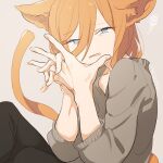  1girl animal_ears black_pants blue_eyes brown_background brown_sweater cat_ears cat_girl cat_tail commentary_request ears_down hands_up kinutani_yutaka large_hands long_sleeves looking_at_viewer medium_hair open_mouth orange_hair original pants simple_background solo sweater tail upper_body 