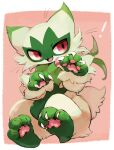  ! border claws fang floragato green_fur highres looking_at_viewer nekogusa no_humans open_mouth outside_border pawpads pink_background pink_eyes pokemon pokemon_(creature) simple_background sitting solo two-tone_fur whiskers white_border 