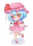  &gt;:) 0002koko 1girl absurdres arms_at_sides ascot bat_wings blue_gemstone blue_hair blush bow chibi closed_mouth collared_shirt commentary_request eyelashes fang full_body gem hair_between_eyes hat hat_bow highres knees_together_feet_apart looking_at_viewer mary_janes mob_cap pink_hat pink_shirt pink_skirt pink_wrist_cuffs puffy_short_sleeves puffy_sleeves red_ascot red_bow red_eyes red_footwear remilia_scarlet shirt shoes short_hair short_sleeves signature simple_background skirt sleeve_bow smile solo standing standing_on_one_leg touhou v-shaped_eyebrows white_background wings wrist_cuffs 