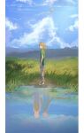  1boy 1other clouds cloudy_sky commentary cosplay different_reflection english_commentary full_body gladiator_sandals grass green_shirt hel_6 highres light_dragon_(zelda) light_dragon_(zelda)_(cosplay) long_hair looking_afar male_focus outdoors princess_zelda reflection sandals shirt sky spoilers standing the_legend_of_zelda the_legend_of_zelda:_tears_of_the_kingdom water 