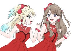  2girls :d bead_necklace beads blonde_hair blue_eyes blue_hair blush bow bracelet brown_hair clenched_hand commentary do!_do!_do!_(love_live!) dress earrings eye_contact fang fujishima_megumi gradient_hair hair_bow heart heart_earrings highres holding_hands interlocked_fingers jewelry light_blue_hair link!_like!_love_live! long_hair looking_at_another love_live! mira-cra_park! multicolored_hair multiple_girls necklace open_mouth osawa_rurino parted_bangs profile red_bow red_bracelet red_dress sideways_mouth simple_background sleeveless sleeveless_dress smile split_mouth twintails two_side_up upper_body violet_eyes virtual_youtuber white_background zangemiya 