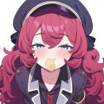  1girl absurdres black_coat black_hat black_shirt blue_archive blue_eyes chips_(food) closed_mouth coat collared_shirt food grey_eyes hat highres hiroikara_(smhong04) iroha_(blue_archive) long_hair mouth_hold necktie peaked_cap potato_chips red_necktie redhead shirt simple_background smile solo upper_body white_background 