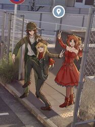  1girl 2boys bandana black_hat black_jacket black_pants blonde_hair blue_eyes boots braid brown_footwear brown_hair commentary detached_sleeves double_v dress english_commentary epic_battle_fantasy flower full_body google_street_view green_hat hair_flower hair_ornament hat high_school_girls_posing_for_google_street_view_(meme) highres jacket lance_(epic_battle_fantasy) long_sleeves looking_at_viewer matt_(epic_battle_fantasy) meme military_hat military_uniform multiple_boys natalie_(epic_battle_fantasy) orange_hair outdoors pants pirate_hat red_bandana red_dress red_eyes red_footwear road_sign shirt sign ski_e524 smile standing standing_on_one_leg strapless twin_braids uniform v white_shirt 