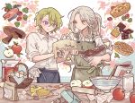  2boys apple apple_peel apron bad_id bad_pixiv_id basket book bowl broccoli butter cherry_tomato chocolate closed_mouth collared_shirt cooking cowboy_shot dirty dirty_clothes egg egg_(food) eggshell ensemble_stars! fish_(food) flower food fruit green_apron green_hair grey_hair hair_between_eyes highres holding holding_bowl holding_whisk jar long_hair male_focus meremero mixer_(cooking) multiple_boys pie pink_flower ran_nagisa red_apple red_eyes shirt short_hair smile standing table tomato tomoe_hiyori tongue tongue_out towel violet_eyes whisk white_shirt 