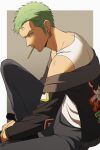 1boy facial_hair food food_in_mouth from_side frown green_hair jacket looking_at_viewer male_focus mouth_hold off_shoulder one_piece p5naq_pv pants pocky pocky_in_mouth profile roronoa_zoro scar scar_across_eye short_hair sideburns_stubble sideways_glance solo stubble zoro_jolly_roger 