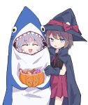  2girls :d absurdres aged_down airi_kanna animal_costume ayatsuno_yuni behind_another black_shirt blue_cloak blue_gloves blue_hair blue_hat blush bow candy candy_cane cloak closed_eyes commentary_request cowboy_shot dot_nose facing_viewer fang food gloves grey_hair halloween_costume hat highres holding holding_another&#039;s_arm holding_food holding_pumpkin holding_vegetable jack-o&#039;-lantern lollipop looking_at_viewer miniskirt morphling_(artist) multicolored_hair multiple_girls open_mouth pleated_skirt pumpkin raised_eyebrows red_bow red_ribbon red_skirt ribbon shark_costume shirt short_hair simple_background skin_fang skirt smile stellive streaked_hair swept_bangs swirl_lollipop vegetable violet_eyes virtual_youtuber white_background witch_hat 