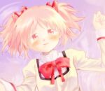  1girl blush bow bowtie collar collared_shirt commentary_request crying crying_with_eyes_open derivative_work hair_ribbon hand_up high_collar juliet_sleeves kaname_madoka lace-trimmed_sleeves lace_trim long_sleeves looking_at_viewer lowres lying mahou_shoujo_madoka_magica mahou_shoujo_madoka_magica_(anime) mitakihara_school_uniform no+bi= on_back open_mouth palms pink_eyes pink_hair pov puffy_sleeves red_bow red_bowtie red_ribbon ribbon ripples school_uniform screencap_redraw shirt short_hair short_twintails smile solo straight-on tears twintails upper_body white_collar yellow_shirt yellow_sleeves 