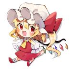  1girl absurdres aporro622 ascot blonde_hair blush bobby_socks bow chibi fang flandre_scarlet full_body hair_between_eyes hat hat_bow highres long_hair long_sleeves looking_at_viewer mob_cap multicolored_wings one_side_up open_mouth pointy_ears puffy_long_sleeves puffy_sleeves red_bow red_eyes red_footwear red_skirt red_vest shirt shoe_soles simple_background skirt skirt_set socks solo touhou v-shaped_eyebrows vest white_background white_hat white_shirt white_socks wings yellow_ascot 