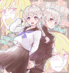  &gt;:( 2boys :d arm_up black_skirt blush braid crossdressing floral_background gakuran grey_eyes grey_serafuku grey_shirt hijiyama_takatoshi juusan_kihei_bouei_ken kusakari long_hair looking_at_viewer male_focus multiple_boys neckerchief okino_tsukasa open_mouth otoko_no_ko pleated_skirt purple_neckerchief sailor_collar school_uniform serafuku shirt short_hair side_ahoge skirt smile twin_braids v-shaped_eyebrows white_hair wig 