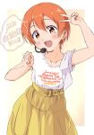  1girl belt blush border clenched_hand collarbone commentary_request english_text hair_between_eyes hand_up headset highres hoshizora_rin long_skirt looking_at_viewer love_live! love_live!_school_idol_project open_mouth orange_eyes orange_hair outside_border sen_(sen0910) shirt short_hair short_sleeves skirt solo standing teeth translation_request upper_body upper_teeth_only v white_border white_shirt yellow_background yellow_belt yellow_skirt 
