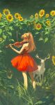  1girl absurdres animal artist_name bare_shoulders bracelet chinese_commentary closed_eyes commentary_request day deer dress feet_out_of_frame flower from_behind glint grass highres holding holding_instrument instrument jewelry leaf lenoth long_hair music neon_genesis_evangelion orange_hair outdoors playing_instrument red_dress solo souryuu_asuka_langley standing strapless strapless_dress sunflower two_side_up violin yellow_flower 