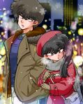  1boy 1girl bag black_hair blurry blurry_background blush brown_gloves brown_jacket cityscape coat cold fur-trimmed_hood fur-trimmed_jacket fur_trim gloves grey_eyes grey_scarf grey_undershirt hair_between_eyes hat high_side_ponytail highres hood jacket kunou_kodachi kunou_tatewaki looking_at_another looking_to_the_side open_mouth outdoors pants plaid plaid_scarf plaid_shirt pointing purple_sweater ranma_1/2 red_coat red_hat scarf shirt shopping short_hair shoulder_bag siblings signature skyline snow snowflakes snowing sweater wanta_(futoshi) white_pants winter_clothes winter_coat 
