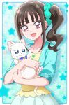  1girl animal aqua_scrunchie black_hair blue_border blue_shirt border cat commentary dated dress hair_ornament hair_scrunchie hanzou highres holding holding_animal looking_at_viewer medium_hair nekoyashiki_mayu nekoyashiki_yuki nekoyashiki_yuki_(cat) open_mouth precure scrunchie shirt short_sleeves side_ponytail sidelocks smile solo standing starry_background twitter_username two-tone_dress violet_eyes white_dress wonderful_precure! yellow_dress 