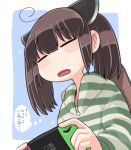  1girl blue_background blush border brown_hair closed_eyes commentary_request frown furrowed_brow green_pajamas handheld_game_console headgear highres holding holding_handheld_game_console ino_(tellu0120) medium_hair nintendo_switch open_mouth outside_border pajamas raised_eyebrows simple_background small_sweatdrop solo striped_clothes striped_pajamas thought_bubble touhoku_kiritan translation_request twintails upper_body voiceroid white_border 