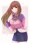  1girl blush breasts brown_hair choker closed_mouth green_eyes hair_ornament hairclip highres long_hair looking_at_viewer pencil_skirt skirt smile solo sophia_esteed star_(symbol) star_ocean star_ocean_till_the_end_of_time v yutohiroya 