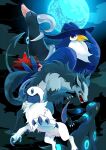  absol alternate_color animal_focus bad_id bad_pixiv_id bird blue_eyes bright_pupils claws clouds colored_sclera curled_horns full_moon glowing glowing_markings hat honchkrow horns houndoom jira007 mightyena moon night no_humans pokemon pokemon_(creature) red_eyes sharp_teeth shiny_pokemon single_horn teeth umbreon white_hair white_pupils yellow_sclera 