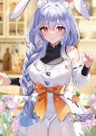  1girl animal_ear_fluff animal_ears apron blue_hair blush braid braided_ponytail breasts felielle hololive long_hair looking_at_viewer mature_female multicolored_hair pekomama rabbit_ears rabbit_girl red_eyes short_eyebrows smile solo thick_eyebrows virtual_youtuber white_hair 
