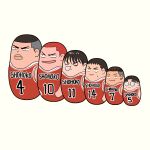  4305869_(pixiv4305869) absurdres akagi_takenori black_hair buzz_cut character_doll closed_eyes clothes_writing facing_ahead frown glasses highres kogure_kiminobu lineup looking_ahead looking_at_viewer matryoshka_doll mitsui_hisashi miyagi_ryouta no_humans nose_bubble objectification red_theme redhead rukawa_kaede sakuragi_hanamichi short_hair simple_background slam_dunk_(series) sleeping sleeping_upright smile smirk still_life undercut very_short_hair white_background 