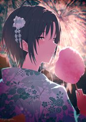  1girl absurdres aerial_fireworks ahoge asakura_toru blue_kimono blurry blurry_background breasts commentary_request cotton_candy earrings fireworks floral_print flower food hair_flower hair_ornament highres holding holding_food idolmaster idolmaster_shiny_colors japanese_clothes jewelry kimono light_particles long_sleeves looking_at_viewer misaki_nonaka nail_polish open_mouth short_hair sidelocks solo stud_earrings twitter_username upper_body white_nails yukata 