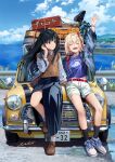  2girls ^_^ bag belt belt_buckle bicycle black_hair black_skirt blonde_hair blue_jacket blue_shirt blue_sky breasts brown_footwear brown_sweater_vest buckle car closed_eyes closed_mouth clouds collarbone commentary copyright_name day denim english_commentary floating_hair hair_ribbon highres horizon inoue_takina jacket landscape leaning_on_object license_plate long_hair long_sleeves looking_at_another lycoris_recoil medium_breasts midriff_peek mini_cooper mixed-language_commentary motor_vehicle multiple_girls neko_(yanshoujie) nishikigi_chisato ocean open_clothes open_jacket open_mouth outdoors red_belt red_ribbon revision ribbon road shirt short_hair shorts shoulder_bag signature single_off_shoulder skirt sky socks suitcase sweater_vest teeth tucking_hair upper_teeth_only violet_eyes white_footwear white_shorts white_socks 